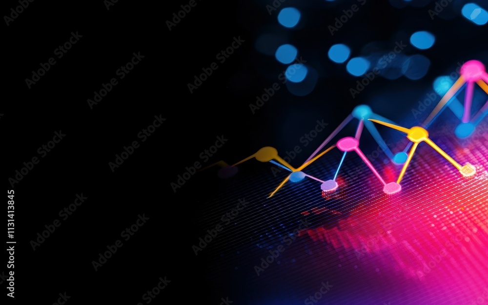 Poster a vibrant digital chart with colorful data points against a dark background, representing trends and