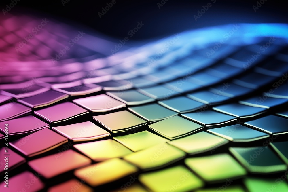 Poster a vibrant, abstract image showcasing a wave of colorful, shimmering tiles creating a sense of depth 