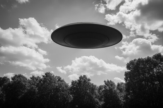 UFO &uuml;ber einer bewaldeten Landschaft im Retro-Stil

