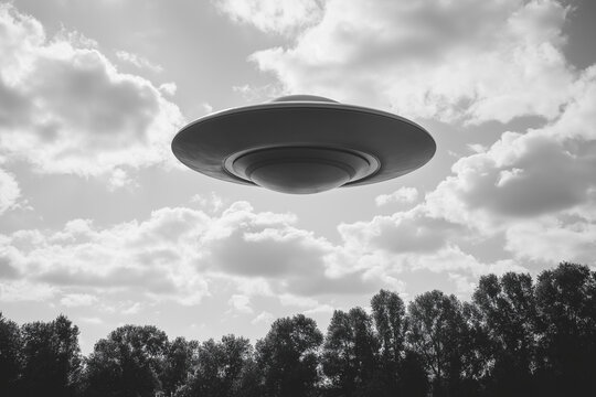 UFO &uuml;ber einer bewaldeten Landschaft im Retro-Stil

