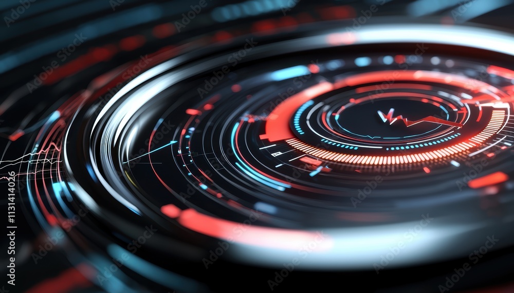 Poster a futuristic digital interface with concentric circles, glowing red accents, and abstract data visua