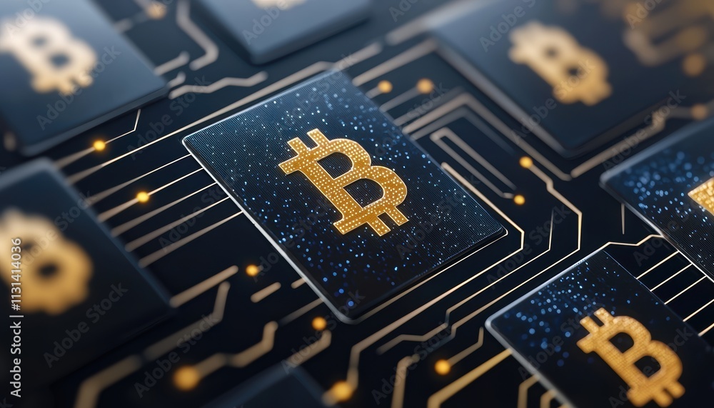 Poster a digital representation featuring bitcoin symbols on a circuit-like background, highlighting the in