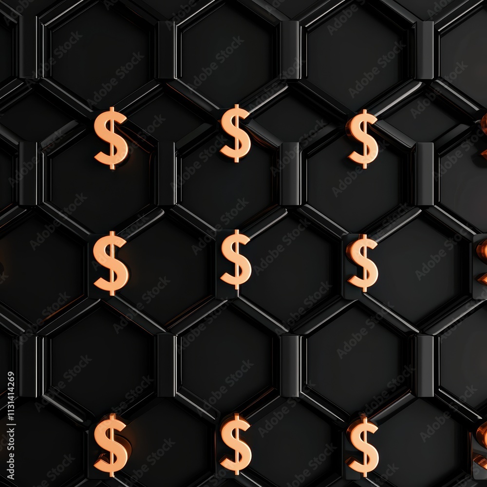 Poster the image features a black hexagonal pattern with prominent orange dollar signs, symbolizing finance