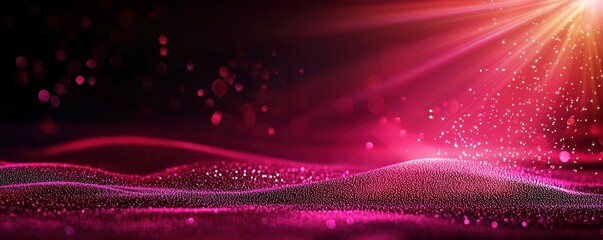 A vibrant, abstract design featuring glowing pink waves and sparkling particles against a dark background.