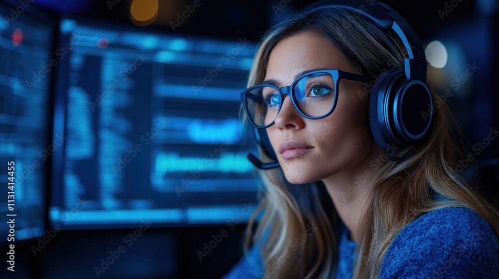 Poster woman with glasses and a headset intently concentrates on her work, illuminated by multiple computer