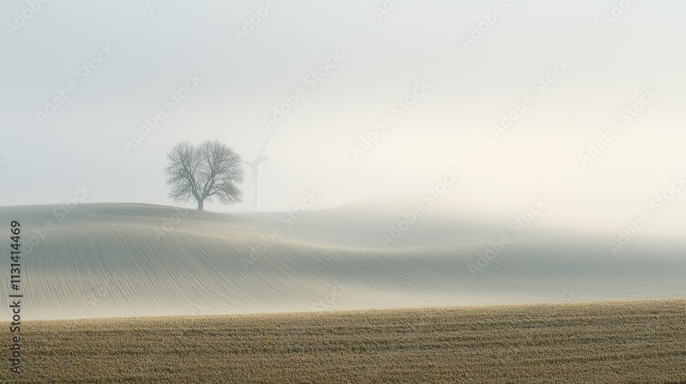 Leinwandbilder mysterious fog envelops rolling hills as a lone tree stands proudly, while wind turbines loom softly