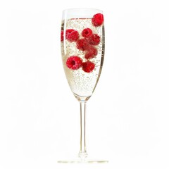 A sparkling Champagne flute with raspberries and bubbles, presented against an isolated white...