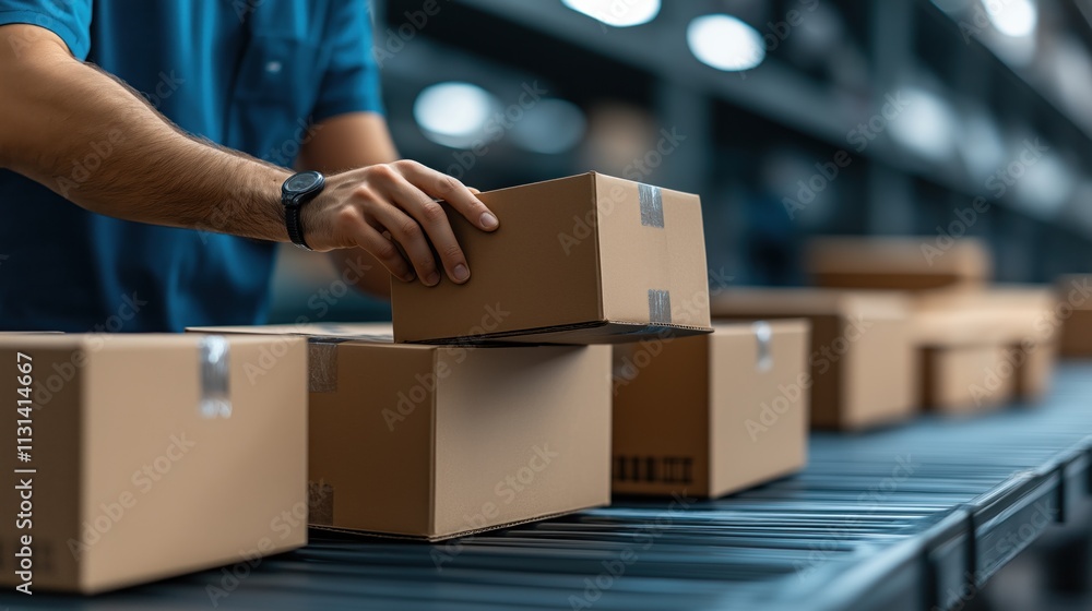 Poster worker sorts and stacks cardboard boxes on a conveyor belt in a busy distribution center. setting is