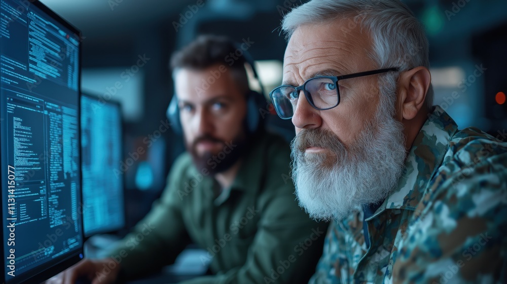 Poster seasoned expert with a gray beard and glasses focuses intently on multiple computer screens displayi