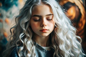 Fototapeta premium Portrait of a beautiful little blonde girl with long wavy hair and a thoughtful look. The hair develops and creates a feeling of lightness and naturalness.