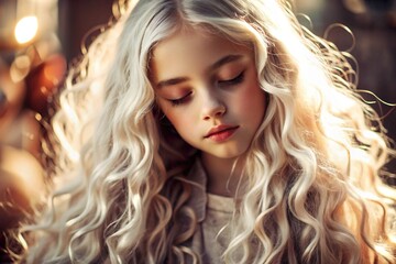 Fototapeta premium Portrait of a beautiful little blonde girl with long wavy hair and a thoughtful look. The hair develops and creates a feeling of lightness and naturalness.