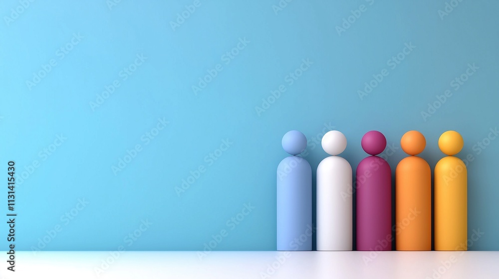 Poster five wooden figures in various colors are arranged neatly in a row on a white surface against a plai