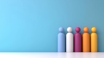 Five wooden figures in various colors are arranged neatly in a row on a white surface against a plain blue background, creating a simple yet striking visual composition