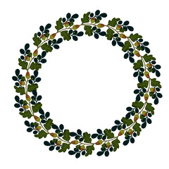 Fototapeta premium Round botanical frame with branches and autumn oak tree leaves and acorns.Vector graphics.
