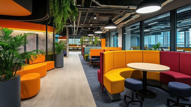 Spacious office interior showcases a blend of colorful seating areas and greenery, creating a lively atmosphere for collaboration and creativity during work hours