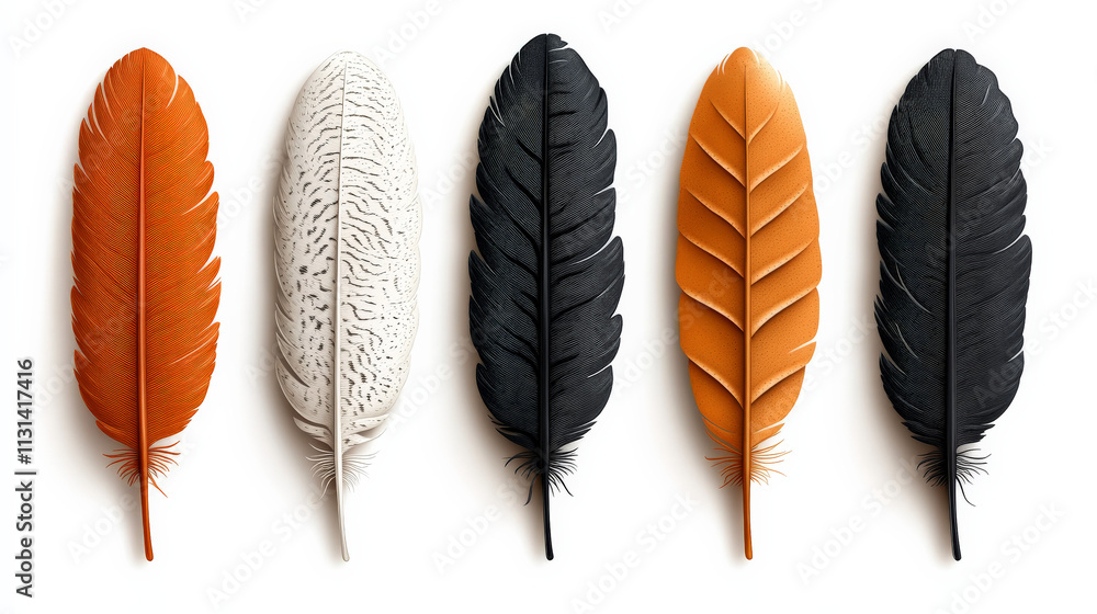 Aufkleber five elegant feathers: a collection of five feathers in various colors, each with a unique texture, 