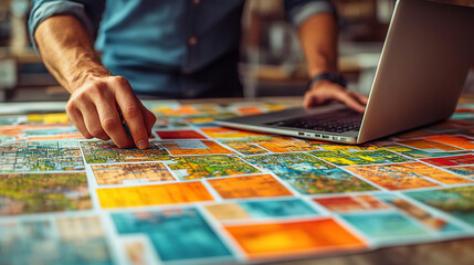 Naklejka premium Male hand pointing at colorful maps on a table next to a laptop, representing planning and analysis. Modern setting with warm natural light. Generated with AI.