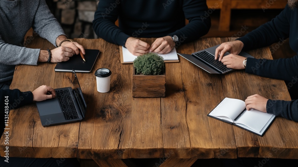 Poster several individuals are engaged in a collaborative meeting around a rustic wooden table. they use la