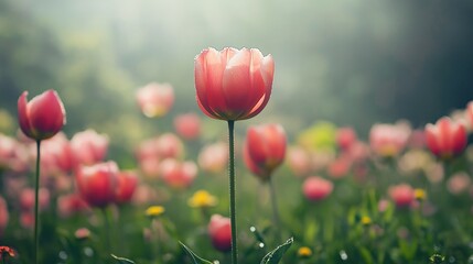 Naklejka premium Bright pink tulips stand tall in a lush garden filled with a variety of colorful flowers. soft sunlight filters through, illuminating the petals and creating a serene atmosphere in spring