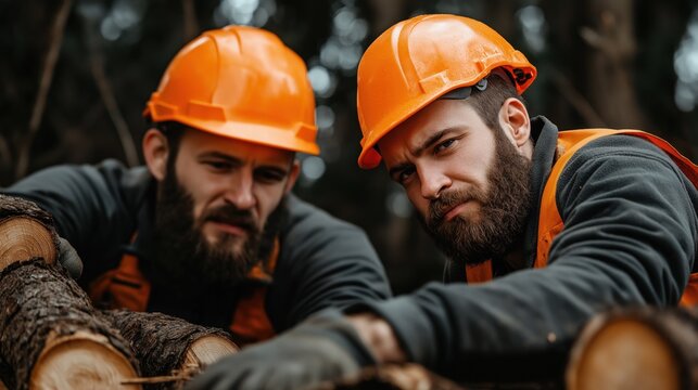 Two men in bright orange helmets examine freshly cut logs in a forest. They focus intently on their task, highlighting their dedication to forestry work in a natural setting