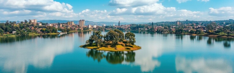 Fototapeta premium A picturesque drone view of the serene waters of Lake Anosy in Antananarivo, featuring the small island in the center with its lush vegetation The city skyline in the background adds a cultural touch