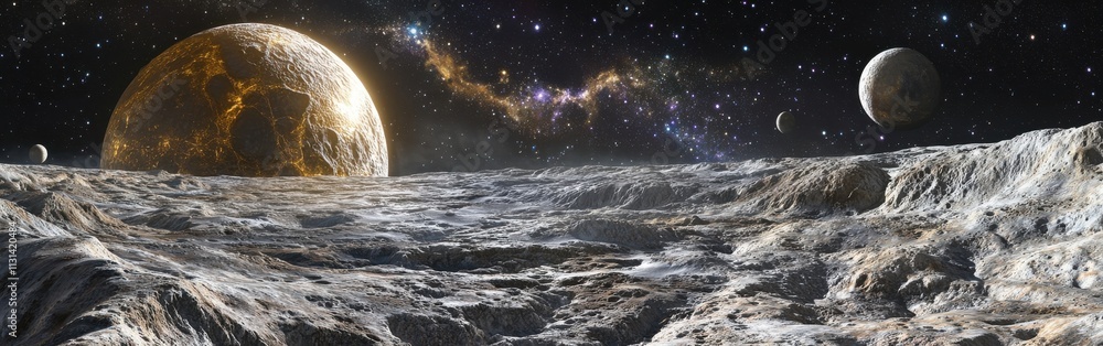 Poster panoramic view of distant planetary landscape featuring rocky terrain and multiple celestial bodies 