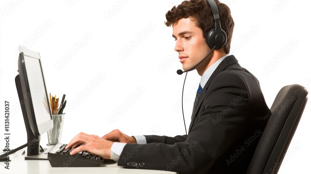 Aufkleber male administrative assistant in professional attire using headset while working at a computer desk 