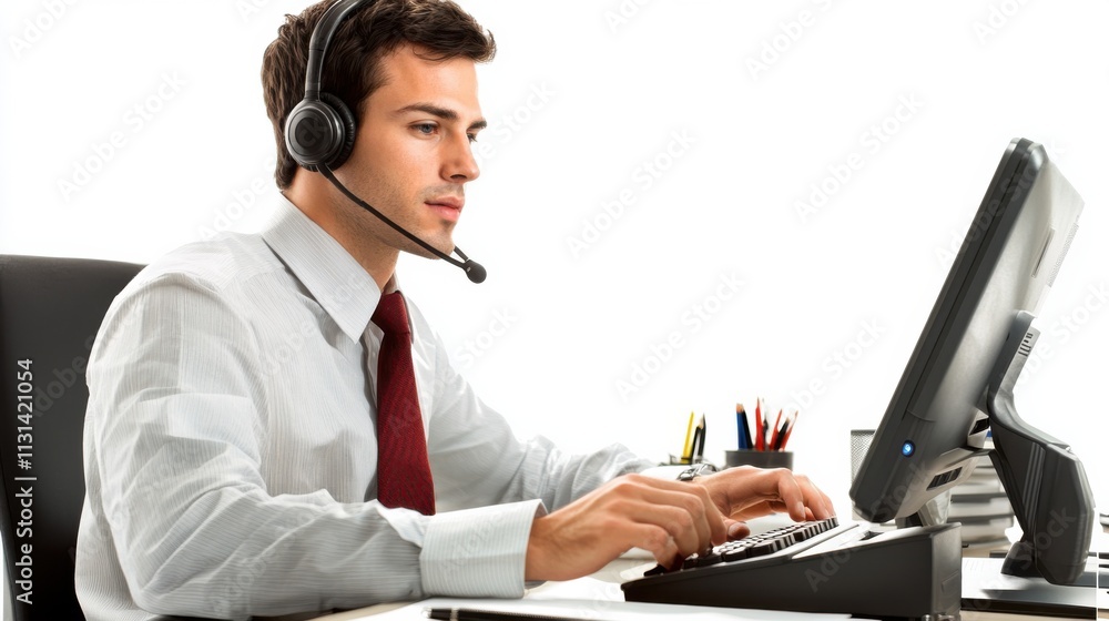 Aufkleber male administrative assistant wearing headset working at computer desk in office environment during 