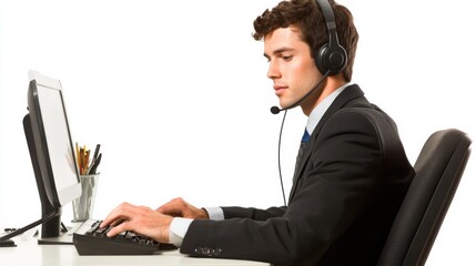 Male administrative assistant in professional attire using headset while working at a computer desk during office hours