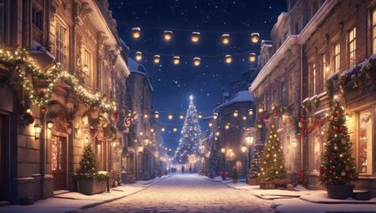 Fototapeta premium A winter scene of a street covered in snow with festive Christmas decorations and lights Perfect for holidaythemed designs and advertisements 