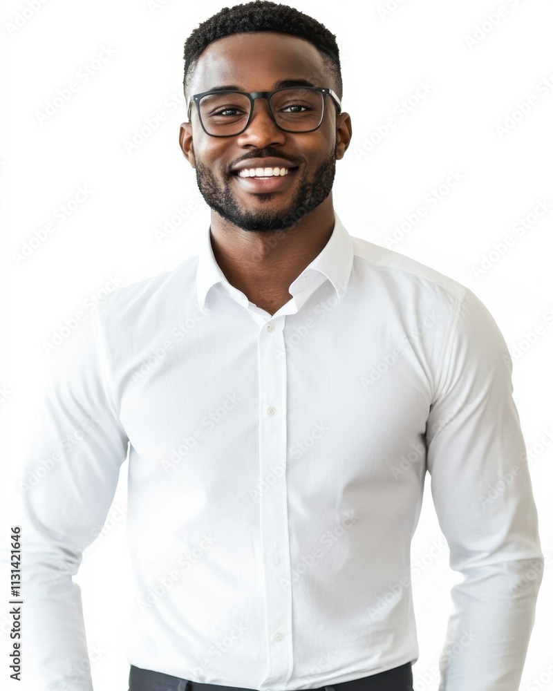 Aufkleber customer service representative in a white shirt and glasses smiling confidently at work while assis