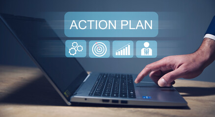 Action plan concept. Person touching virtual screen