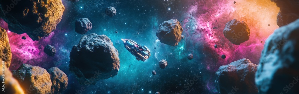 Poster Futuristic interstellar voyage through a vibrant asteroid field in deep space