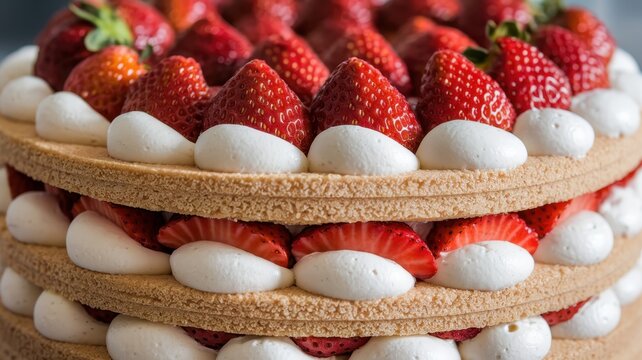 Two-tiered strawberry shortcake with whipped cream and powdered sugar topping