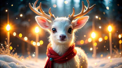 Fluffy white deer with large, expressive eyes and glowing, golden antlers that emit a soft magical glow.