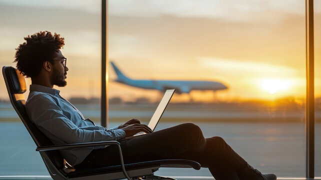 A young professional sitting at an airport lounge with a laptop, researching work-study opportunities, a plane visible in the background.