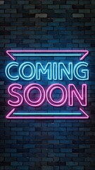 Obraz premium Neon COMING SOON sign with NEWSFLASH on a dark blue brick wall