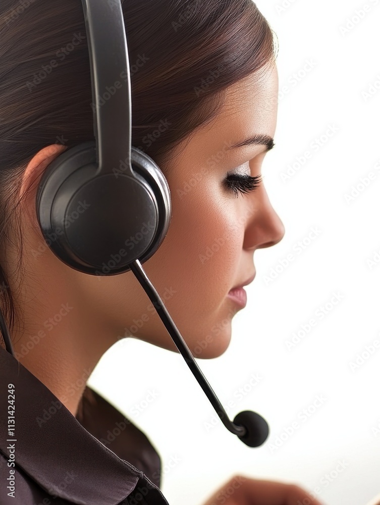 Poster Female customer service representative assisting clients with inquiries using a headset in a professional setting