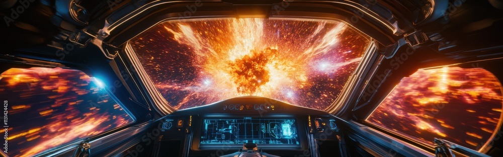 Poster Spectacular view of a supernova explosion from a futuristic spacecraft cockpit in deep space