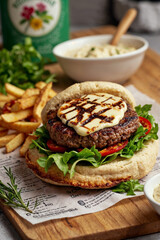 Halloumi Burger with Tomato, Arugula and French Fries