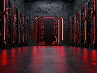 futuristic cybersecurity room with glowing red lights, dark walls, and server racks creates minimalist design. atmosphere is high tech and secure, ideal for data protection