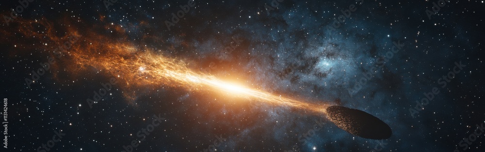 Poster dynamic view of a comet streaking through the night sky over a tranquil landscape