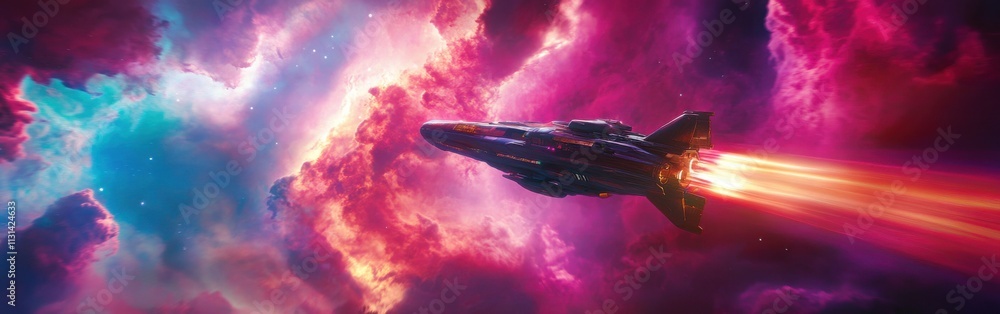 Poster spaceship travels through colorful cosmic clouds in an exhilarating journey beyond the stars
