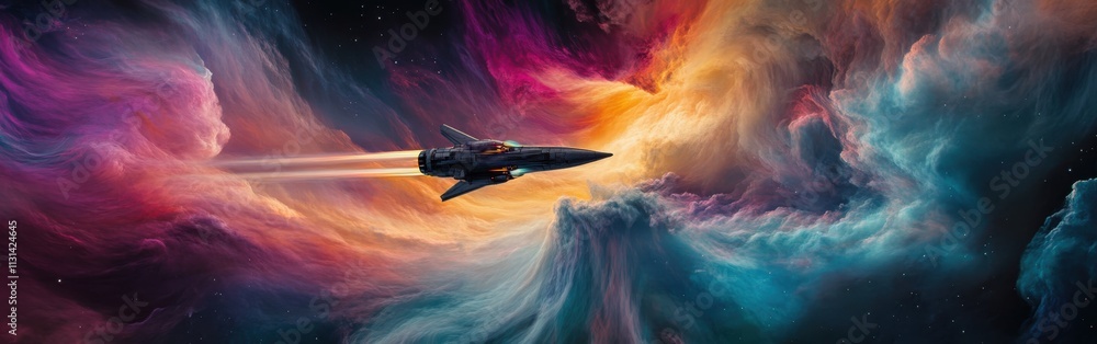 Poster spaceship soars through vibrant cosmic nebula in a breathtaking display of colors and energy