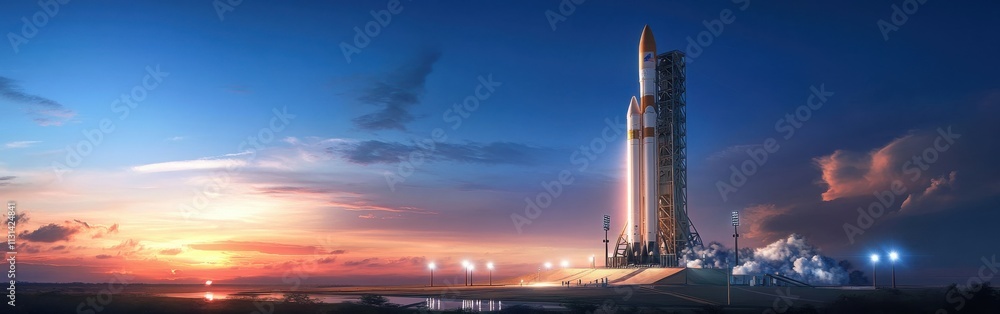 Poster rocket poised for launch at twilight under a vibrant sky in a stunning display of technology and amb