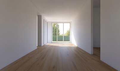 A clean, minimalist 3D rendering of a white wall and wooden floor with plenty of copy space