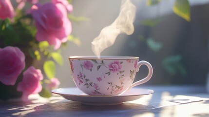 Steaming teacup, floral pattern, pink roses.