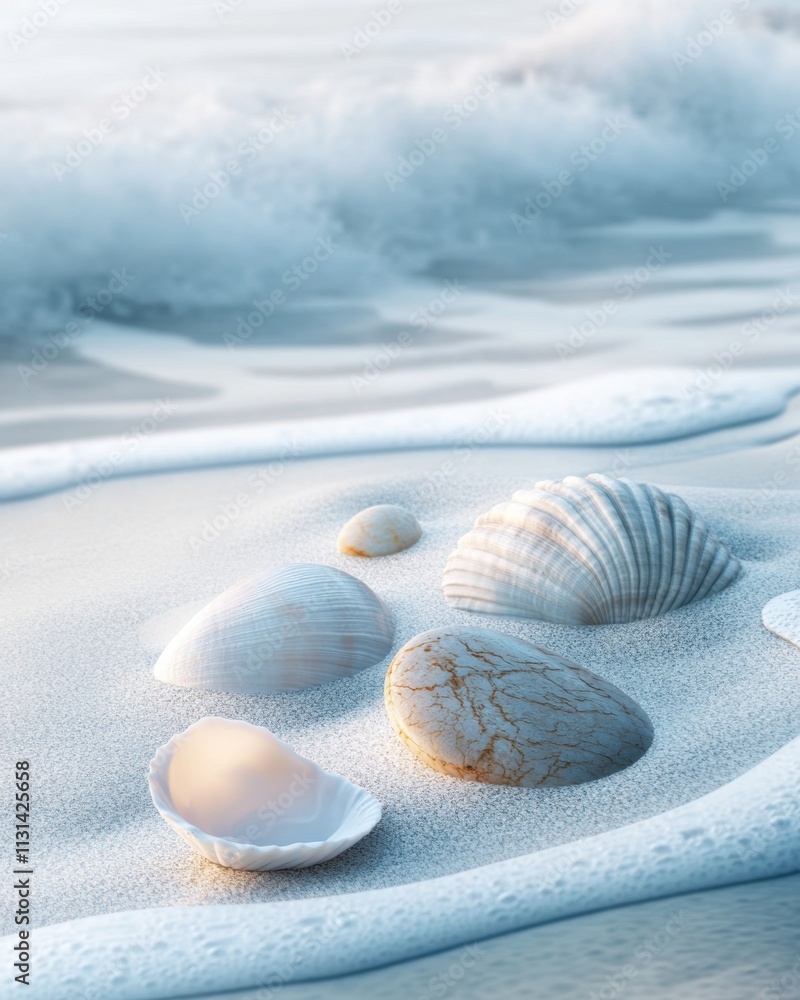 Poster close-up view of seashells and smooth stones on a sandy shoreline with gentle ocean waves in the bac