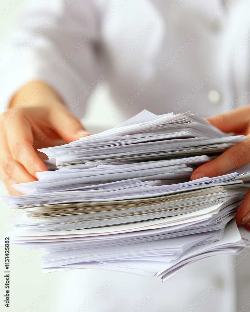 Poster Close-up view of an administrative assistant managing a large stack of documents in a modern office setting