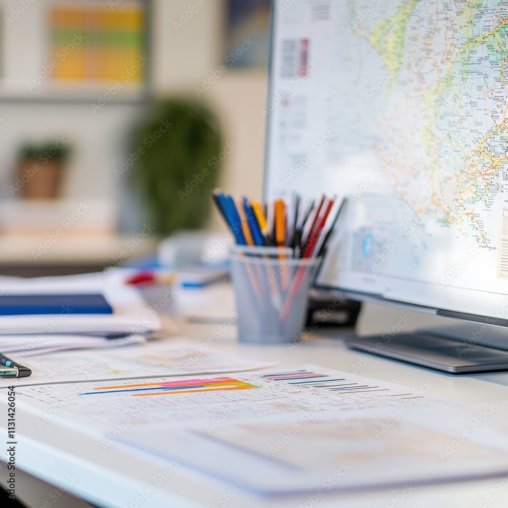 Aufkleber Close-up view of an intelligence analyst's organized workspace with documents and digital display